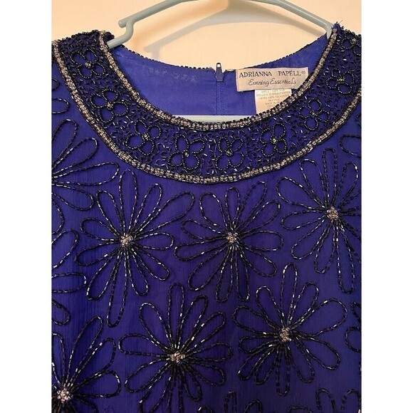 Vtg Adrianna Papell Silk Beaded Top L Royal Blue Silver Black Floral Gatsby Glam - Picture 7 of 9
